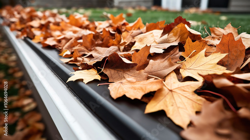 Close-up view of fallen autumn leaves piling up on a roof gutter, showcasing seasonal change and the need for maintenance. photo