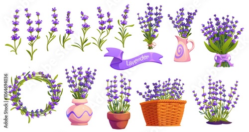 Lavender flowers in flowerpots, wreath and bouquets, vector Provence or French design. Cartoon lavender flowers in pink pots and wicker basket with ribbon banner for wedding or garden herb cosmetics