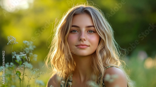 Young woman smiling naturally in a sunlit field surrounded by wildflowers during summer afternoons