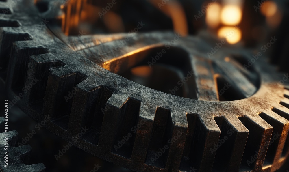 Close-up of a Large Metal Gear Rotating with a Warm Glow Close-up of a Large Metal Gear Rotating with a Warm Glow
