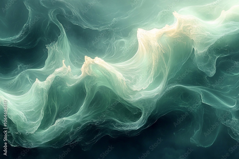 Fototapeta premium Dynamic background with waves in soft green and blue colors, with plenty of space for text on the left.