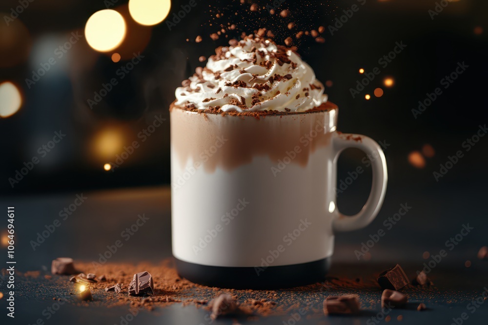 Indulgent hot chocolate topped with fluffy whipped cream and a sprinkle of cocoa for a cozy treat. Indulgent hot chocolate topped with fluffy whipped cream and a sprinkle of cocoa for a cozy treat.
