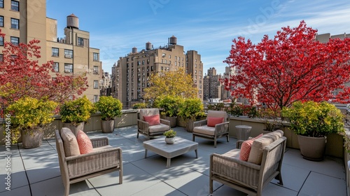 A stylish rooftop terrace with seating and vibrant plants against a city backdrop.