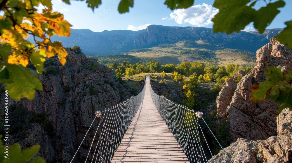 A suspension bridge spanning a deep canyon, offering dizzying views of the chasm below and the surrounding mountains. A suspension bridge spanning a deep canyon, offering dizzying views of the chasm below and the surrounding mountains.
