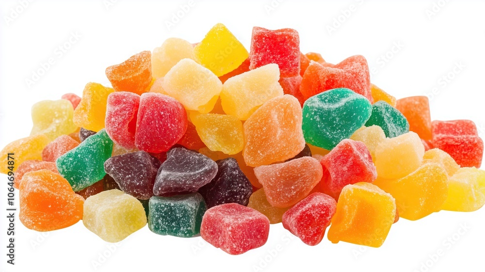 A pile of mix of dried fruits and candied fruits, on white background A pile of mix of dried fruits and candied fruits, on white background