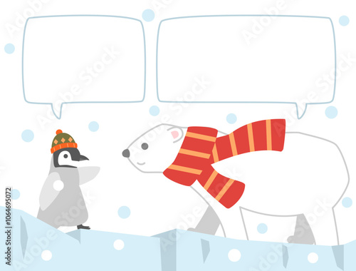 氷河の上を歩く赤いマフラーをつけた可愛いシロクマと帽子をかぶっているペンギンのイラスト　吹き出し付き