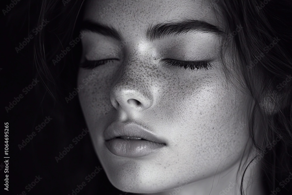 Fototapeta premium Focus attention on the woman's emotions - a slight smile, pleasure or relaxation.