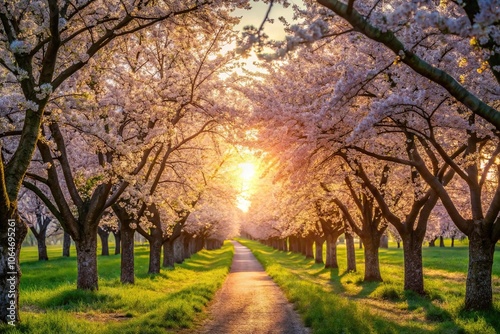 Wide-angle view of sunny path lined with cherry blossoms