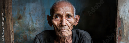 A close-up portrait of an elderly man, showcasing aged features and deep expression against a rustic backdrop.