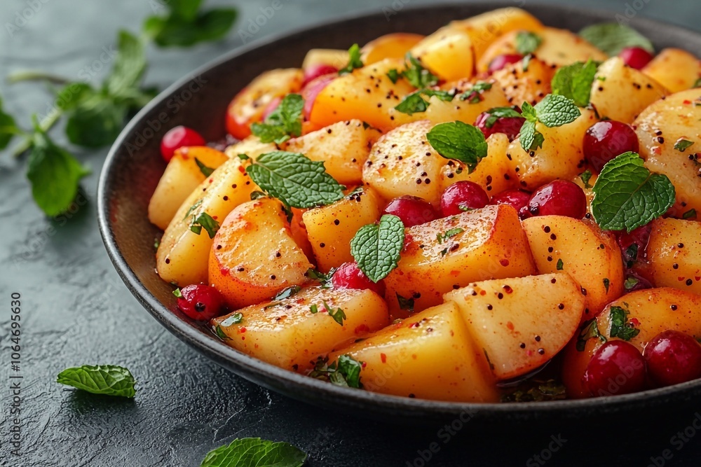 Fruit salad with spices and mint on a light background with plenty of space for text on the right. Fruit salad with spices and mint on a light background with plenty of space for text on the right.