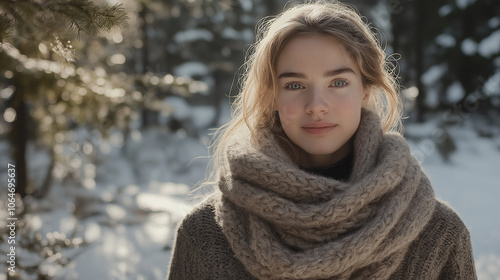 Woman in cozy scarf smiling in snowy forest