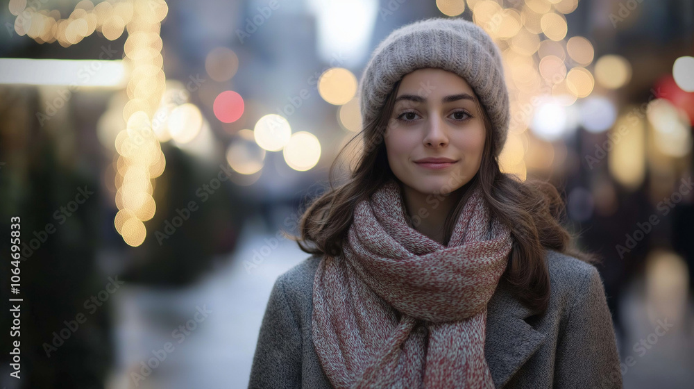 Woman in knit hat and scarf in city at dusk Woman in knit hat and scarf in city at dusk