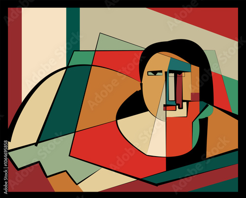 Engaging geometric shapes and bold colors combine to form an abstract portrait. The composition uses intersecting lines and varied hues to create depth and movement.