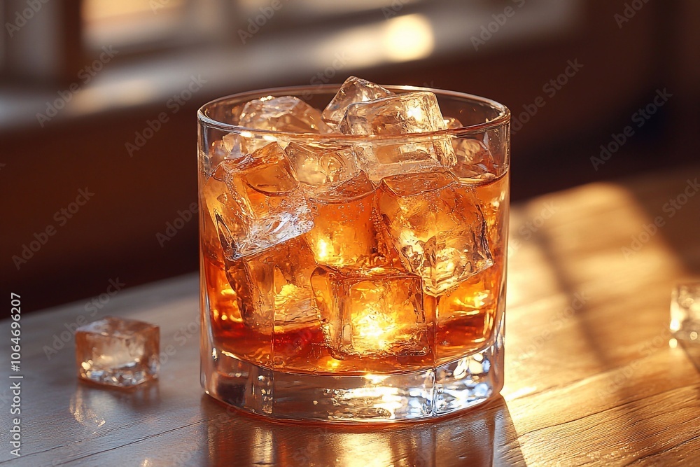 Glass with crystal ice: Take a photo of a drink with large, clear ice cubes shimmering in the sun. Glass with crystal ice: Take a photo of a drink with large, clear ice cubes shimmering in the sun.