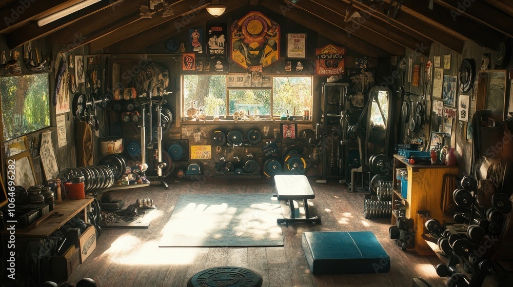 Fototapeta premium Workout in a Rustic, Vintage, Home Gym with Weight Plates and a Bench