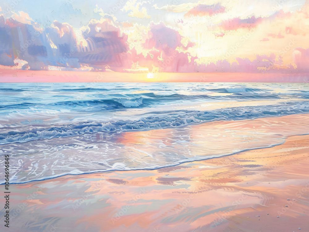 A serene beach scene painted with soft pastel colors depicting waves lapping at the shore under a sunset sky, capturing the beauty of nature for art. A serene beach scene painted with soft pastel colors depicting waves lapping at the shore under a sunset sky, capturing the beauty of nature for art.