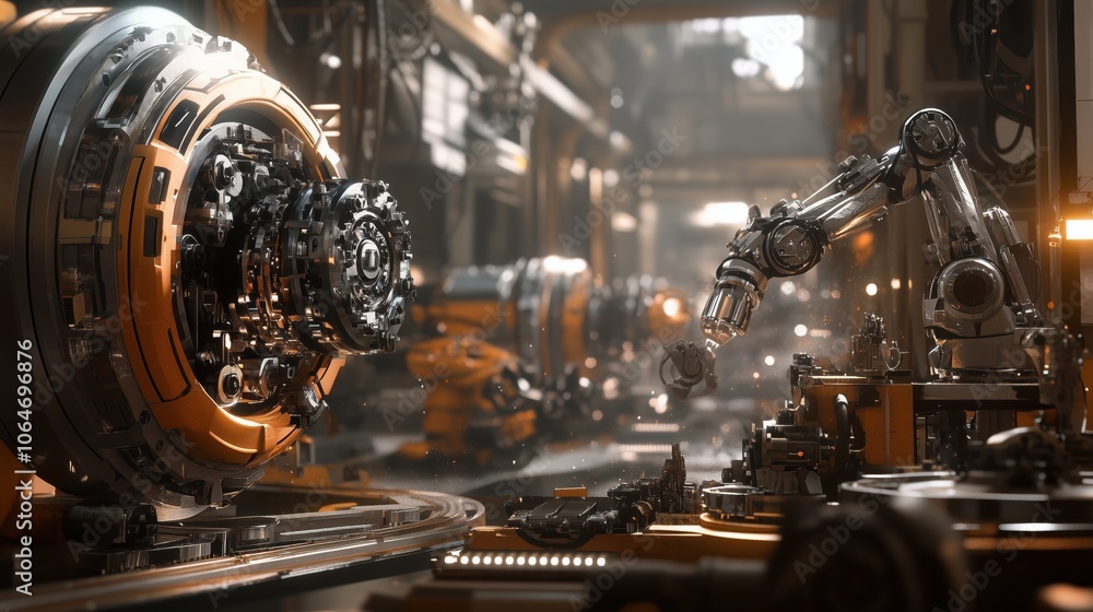 Fototapeta premium Robotic arm assembling complex machinery in futuristic factory.