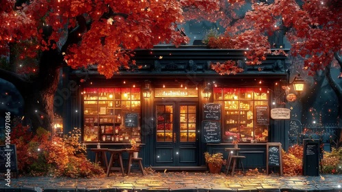 Experience the warmth of an inviting café illuminated by autumn lights, embraced by a tapestry of colorful leaves. seamless looping 4K time-lapse virtual video animation background