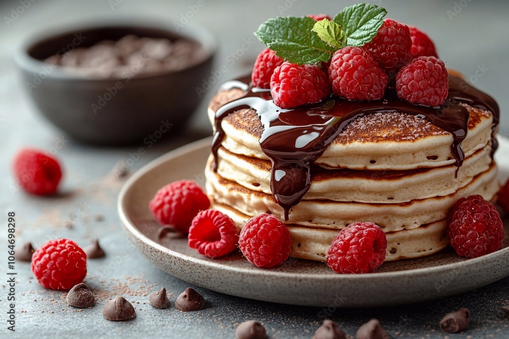 Pancakes with chocolate syrup and raspberries on a light background with space for text below. Pancakes with chocolate syrup and raspberries on a light background with space for text below.