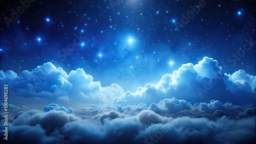 Fluffy volumetric clouds against a dark blue sky with stars background, night, clouds, sky, stars, celestial