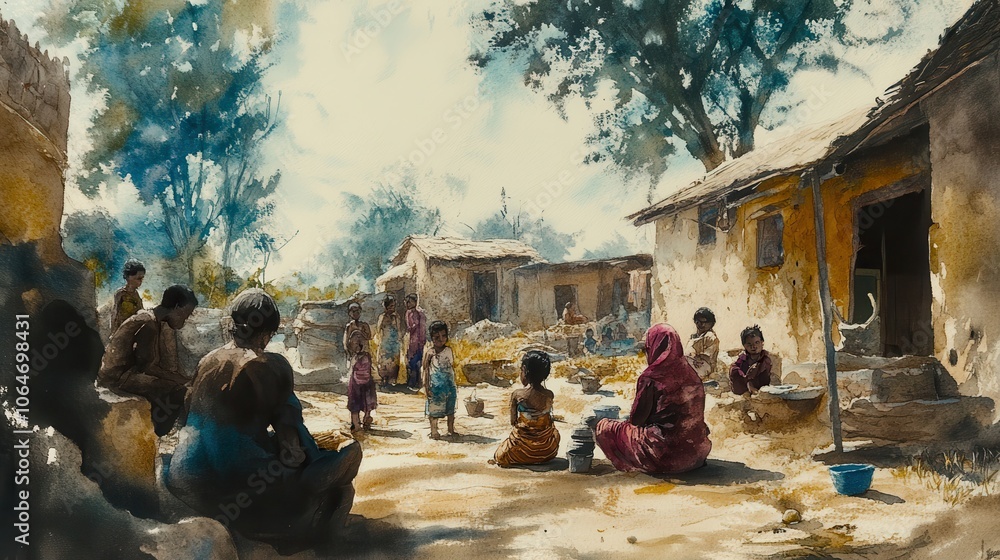 Fototapeta premium A warm watercolor scene depicting a rural village, showcasing community life with children, women, and men interacting outdoors.
