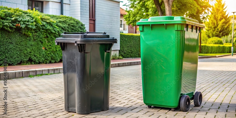 Modern green garbage bin with a black trash can on the street, designed for mixed trash and non-recyclable waste, modern Modern green garbage bin with a black trash can on the street, designed for mixed trash and non-recyclable waste, modern