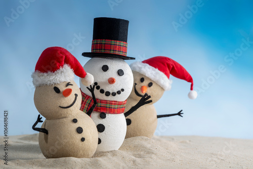 A joyful snowman and two sandy snowmen pose together for a Christmas and New Year celebration! With a snowy backdrop and blue sky, this mix of winter and beach vibes brings a fresh holiday twist.