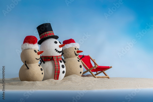 A joyful snowman and two sandy snowmen pose together for a Christmas and New Year celebration! With a snowy backdrop and blue sky, this mix of winter and beach vibes brings a fresh holiday twist.