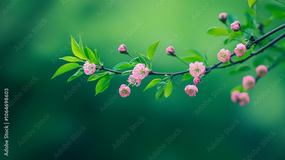 Spring blossoms on a branch with green leaves in a serene garden setting Spring blossoms on a branch with green leaves in a serene garden setting