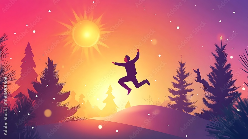 Naklejka premium Joyful Leap into a Snowy Sunset