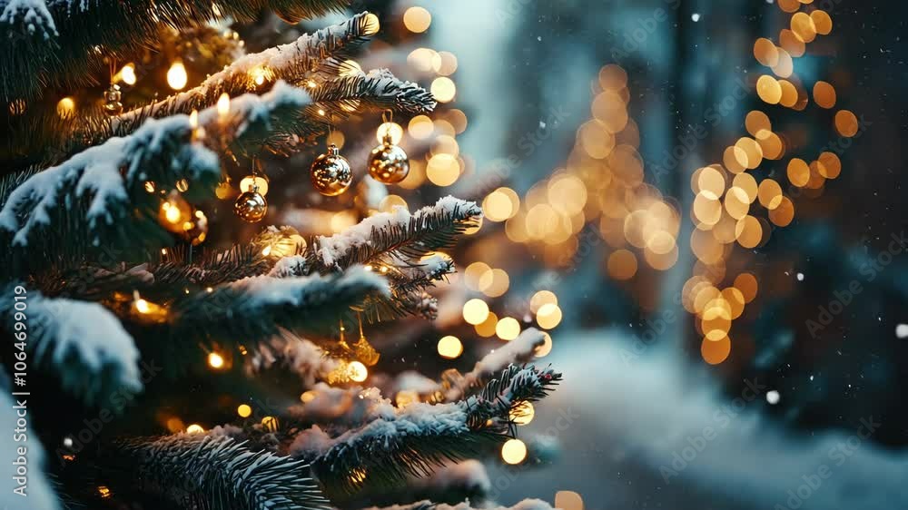 Christmas Winter background. Scandinavian Xmas tree with snow decorated with garland lights, holiday festive New Year art design. Panorama 4k video Christmas Winter background. Scandinavian Xmas tree with snow decorated with garland lights, holiday festive New Year art design. Panorama 4k video