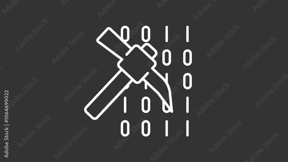 Data mining white line animation. Source code animated icon. Moving pickaxe, changing numbers. Dataset, programming. Isolated illustration on dark background. Transition alpha video. Motion graphic Data mining white line animation. Source code animated icon. Moving pickaxe, changing numbers. Dataset, programming. Isolated illustration on dark background. Transition alpha video. Motion graphic