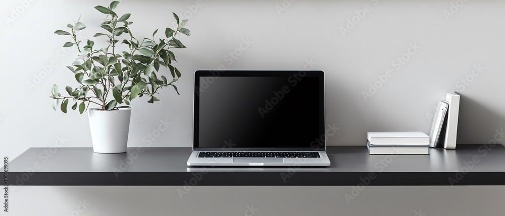 Modern workspace with laptop and plant Modern workspace with laptop and plant