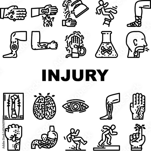 household injury fall burn cut icons set vector. slip trip, bruise sprain, fracture shock, poison choke, scald crush, strain puncture household injury fall burn cut black contour illustrations