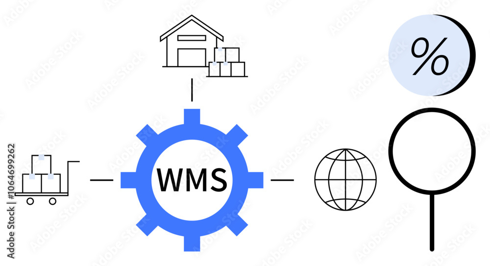Warehouse gear, storage building, delivery cart, globe icon, magnifying glass, percentage symbol. Ideal for supply chain, inventory management, warehouse operations, logistics, data analysis global Warehouse gear, storage building, delivery cart, globe icon, magnifying glass, percentage symbol. Ideal for supply chain, inventory management, warehouse operations, logistics, data analysis global