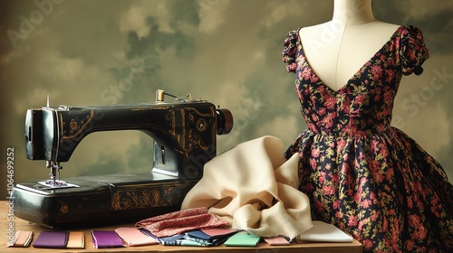 Sewing machine with fabric and dress display photo