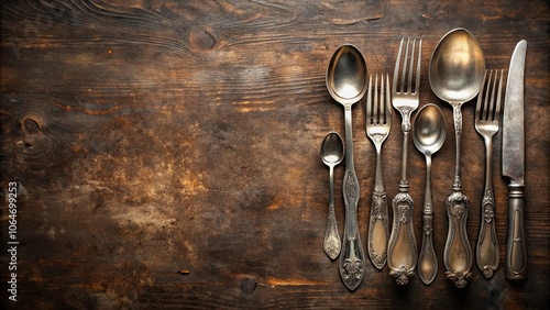 Vintage silver cutlery on a dark rustic background, silver, cutlery, vintage, dark, rustic, background, elegant, dining