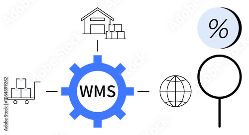 Warehouse gear, storage building, delivery cart, globe icon, magnifying glass, percentage symbol. Ideal for supply chain, inventory management, warehouse operations, logistics, data analysis global