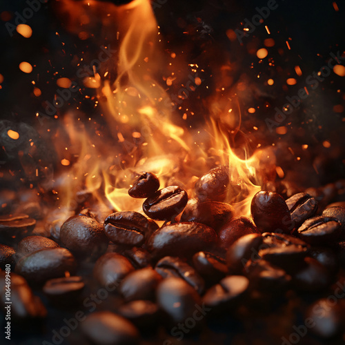 A captivating close-up of roasted coffee beans igniting in flames, creating an intense and dynamic visual for food.