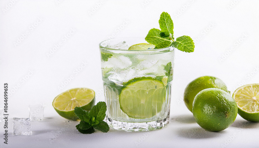 Mojito cocktail with lime and mint in highball glass on a grey stone background Copy space Mojito cocktail with lime and mint in highball glass on a grey stone background Copy space