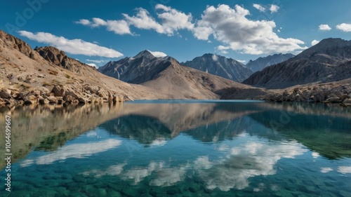 Pristine Mountain Lake with Clear Reflections and Rocky Shoreline 