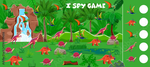 I spy game worksheet with funny prehistoric dinosaurs. Vector riddle task for kids with cartoon dino characters. Count how many dinosaurus education children test for mind development and learning