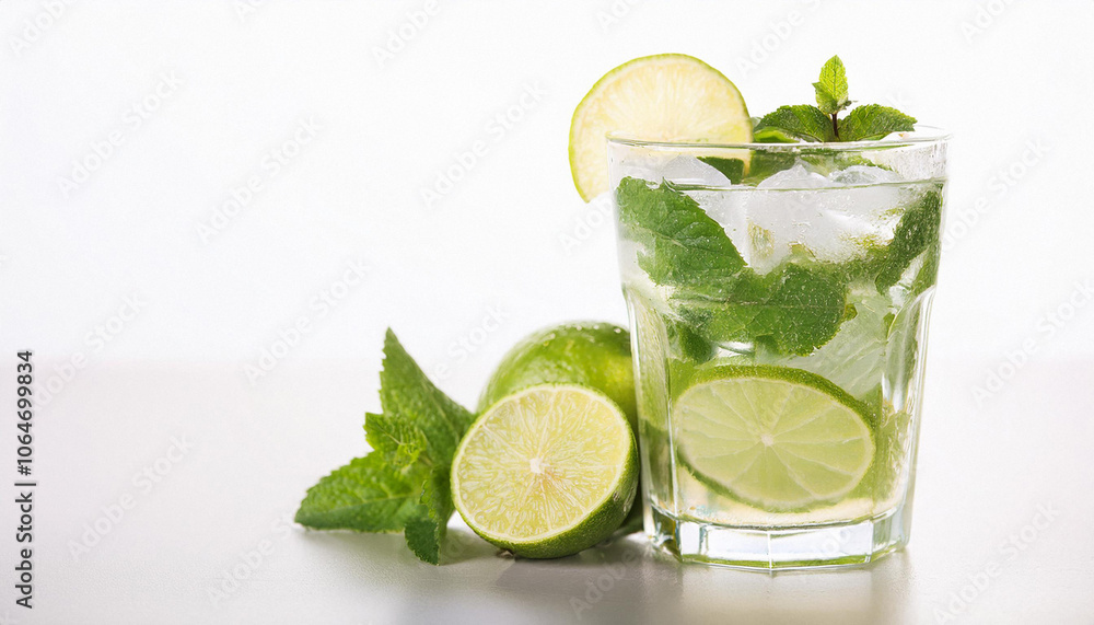 Mojito cocktail with lime and mint in highball glass on a grey stone background Copy space Mojito cocktail with lime and mint in highball glass on a grey stone background Copy space