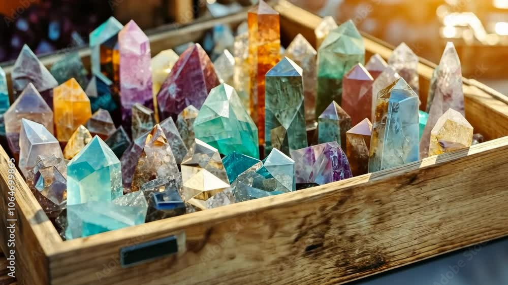 A wooden box filled with a variety of colored crystals. The box is placed on a table, and the crystals are arranged in a way that they are visible from all angles A wooden box filled with a variety of colored crystals. The box is placed on a table, and the crystals are arranged in a way that they are visible from all angles