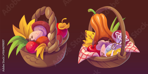Wicker baskets filled with autumn forest and farm harvest. Bucket containing colorful fruits and vegetables, leaves and berries. Picnic carrier with mushrooms and apples, pumpkin and fall foliage.