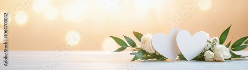 Romantic tablescape, two white hearts adorned with delicate flowers create a charming centerpiece photo