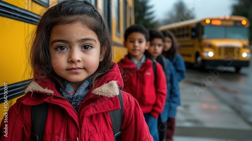 Hispanic schoolgirl waiting for school bus with friends