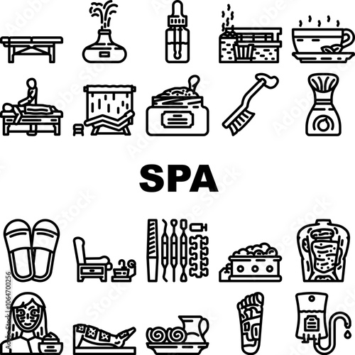 spa therapy relaxation massage icons set vector. wellness rejuvenation, detoxification aromatherapy, hydrotherapy, skincare spa therapy relaxation massage black contour illustrations