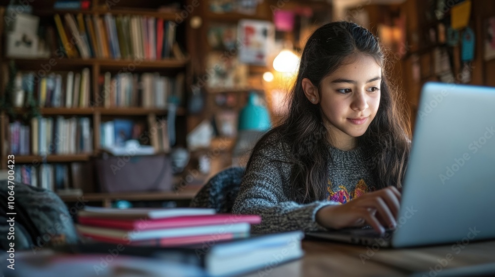 Young student using laptop engaging in online learning Young student using laptop engaging in online learning