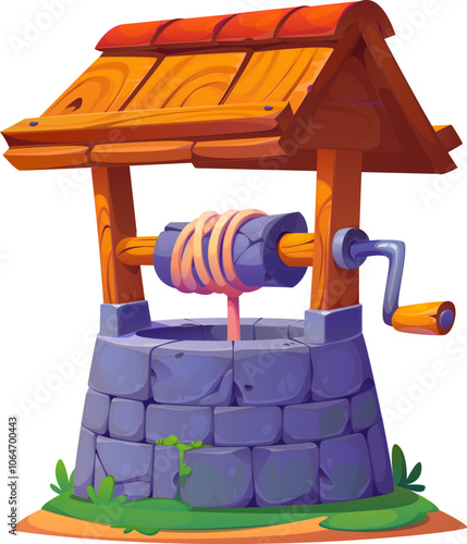 Cartoon farm stone water well for game or Medieval ancient fairy tale story, vector icon. Water well of stone bricks with wooden roof and pulley with handle and rope for bucket of old farm water well